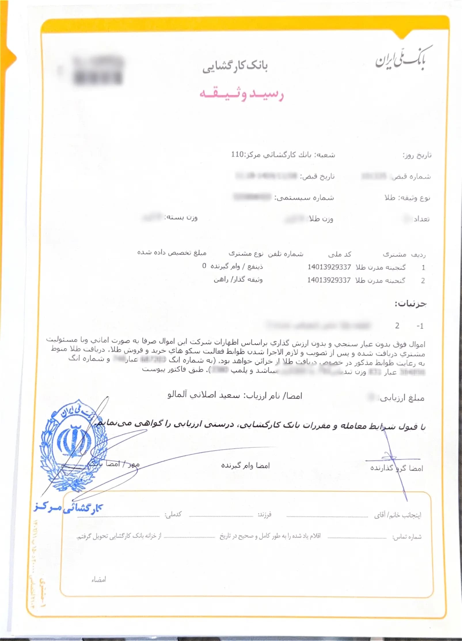 پشتوانه امن در ذخایر بانک کارگشایی بانک ملی ایران